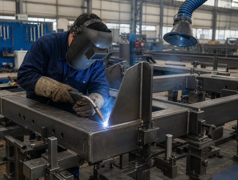 Chinese welder joining a heavy steel frame held in a production fixture