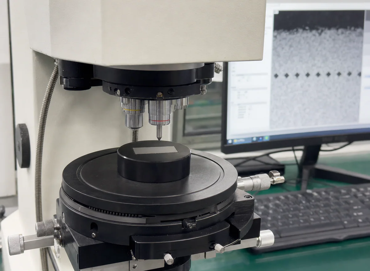Flush-mounted steel cross-section positioned under a microhardness tester for case-depth review
