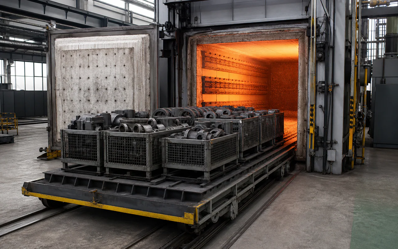 Steel components in batch fixtures entering an open rail-guided heat-treatment furnace