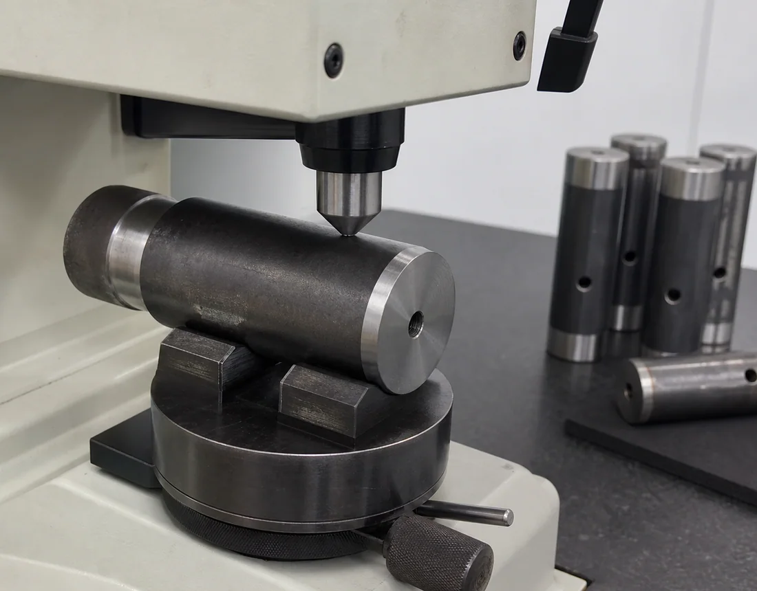 Hardness test being performed on a hardened steel connecting pin