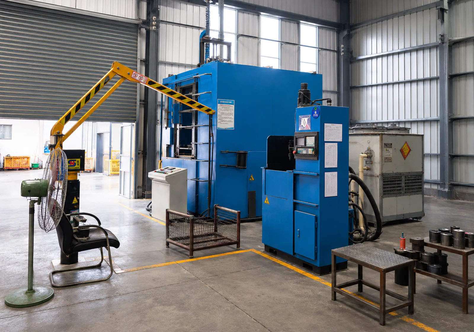 Blue industrial heat-treatment and quenching system inside a manufacturing workshop
