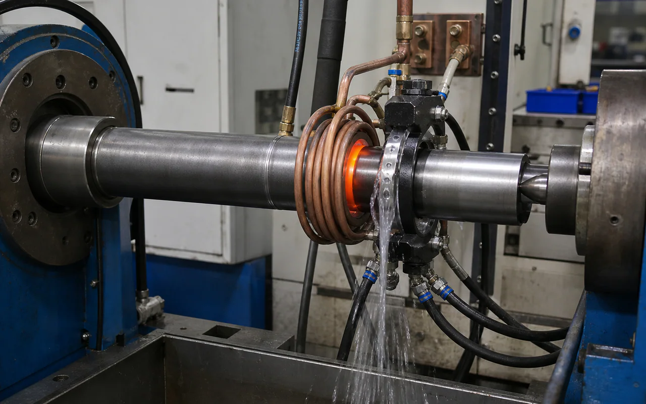 A localized journal on a steel shaft passing through an induction coil and quench ring
