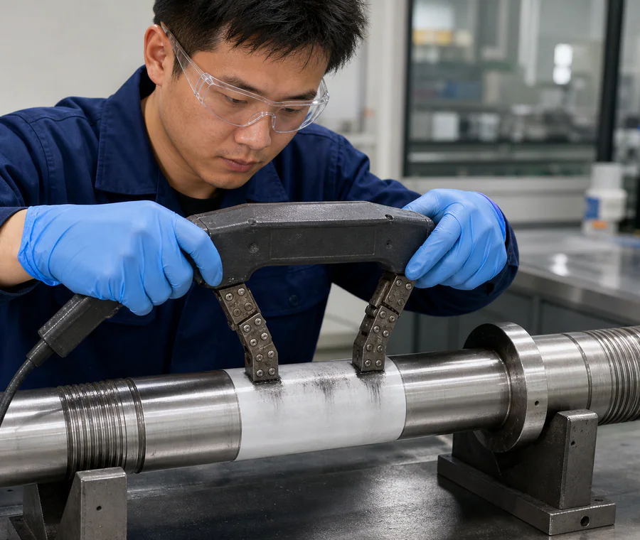 Chinese NDT technician using a magnetic yoke on a supported steel shaft where specified