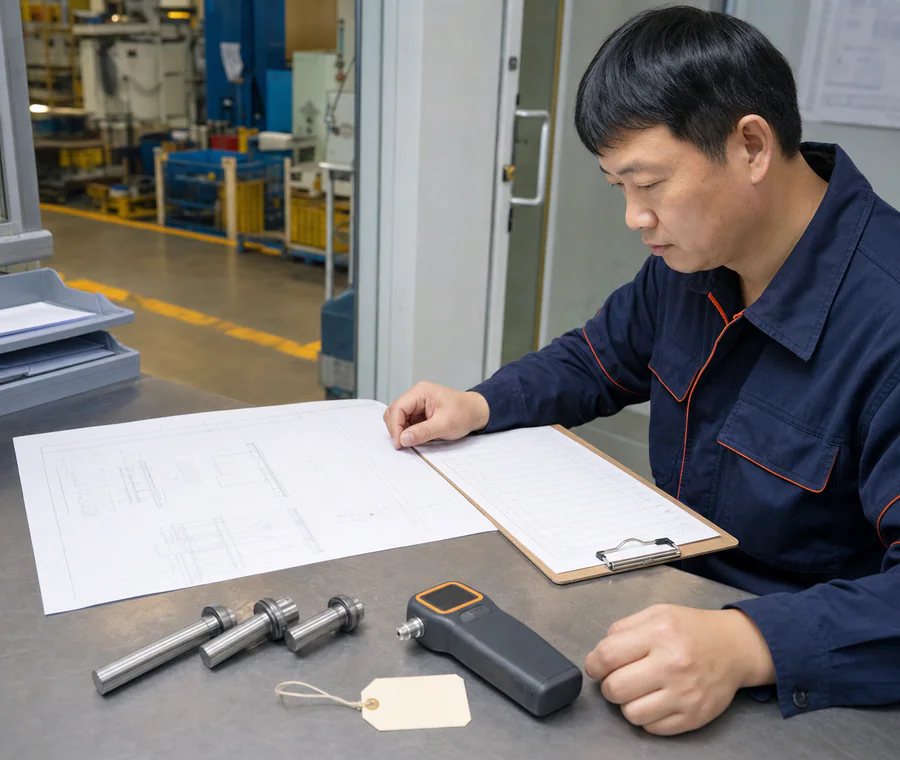 Chinese quality engineer reviewing a drawing, steel pins and neutral inspection records