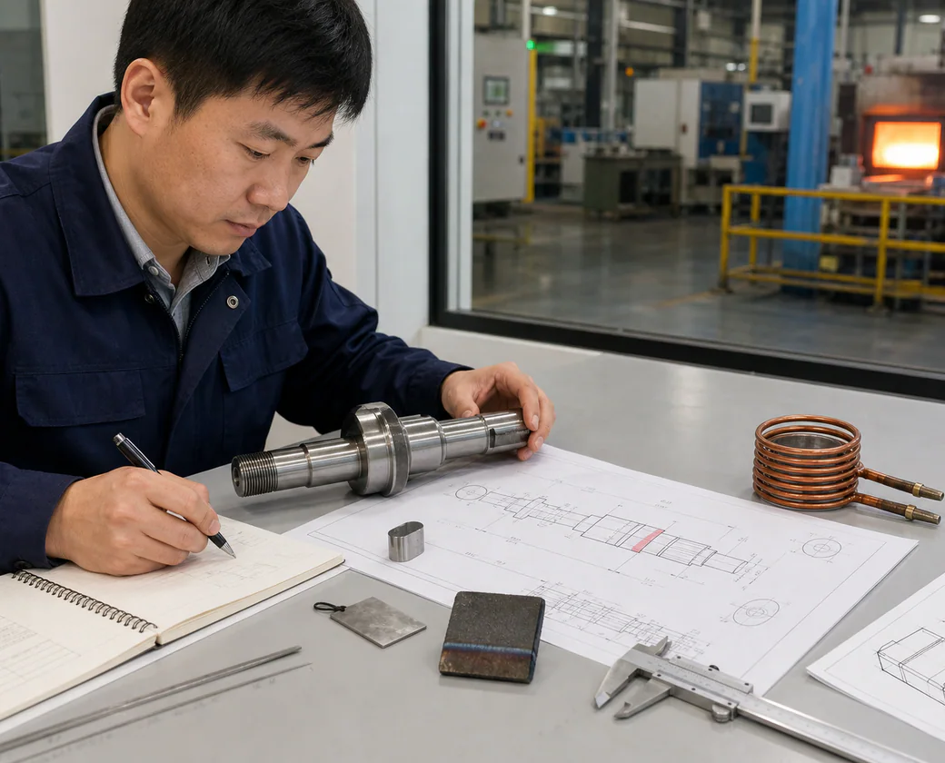 Chinese project engineer preparing a heat-treatment RFQ with a marked drawing, steel shaft and induction coil