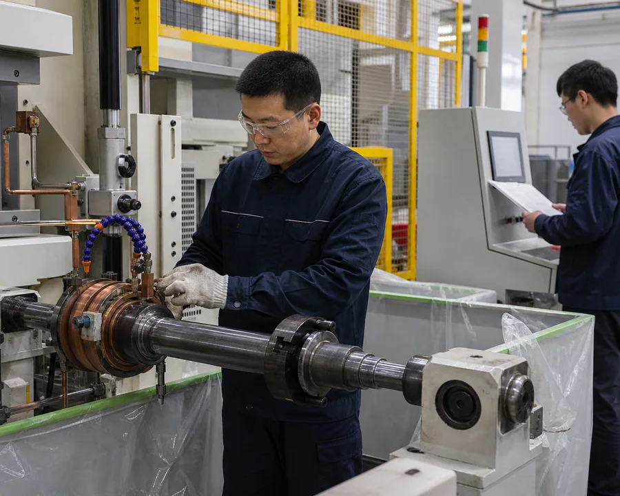 Chinese process team checking the induction coil, shaft setup and process sheet before treatment