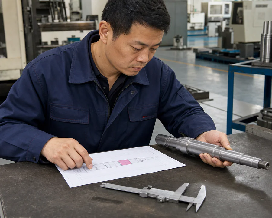 Chinese manufacturing engineer comparing a steel shaft with its controlled drawing and marked treatment zone