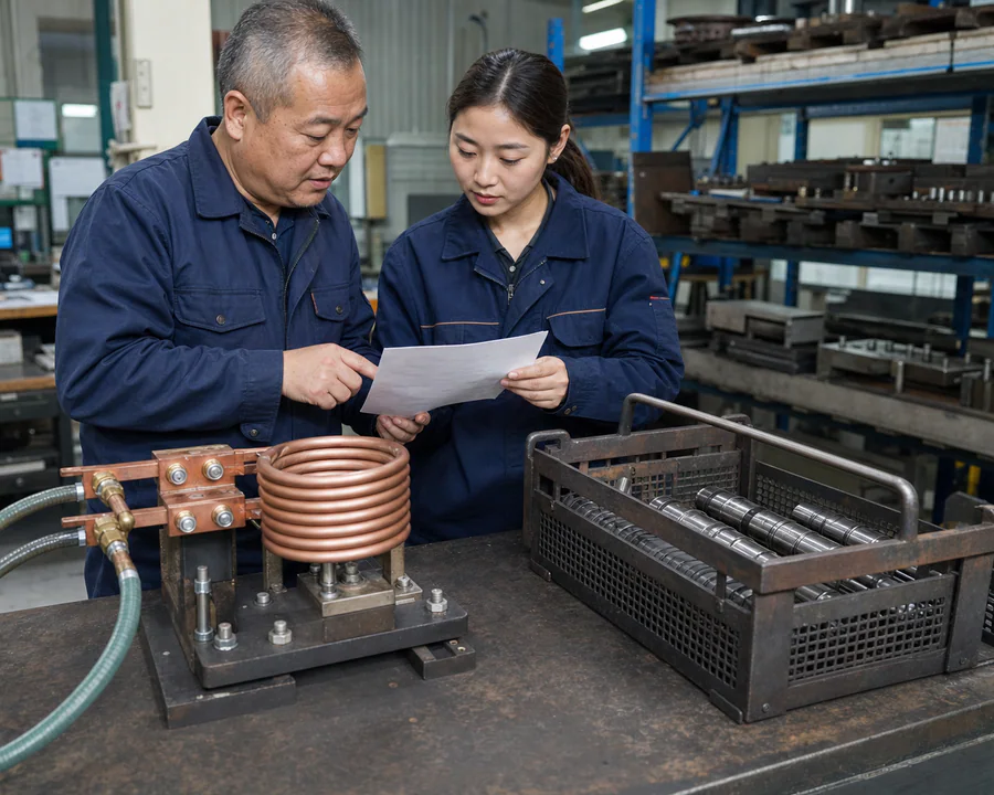 Chinese engineers comparing induction-coil tooling with a furnace batch fixture for route selection