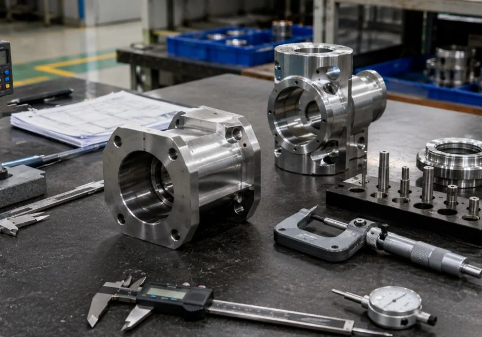 Machined housings arranged with calipers and gauges for dimensional inspection