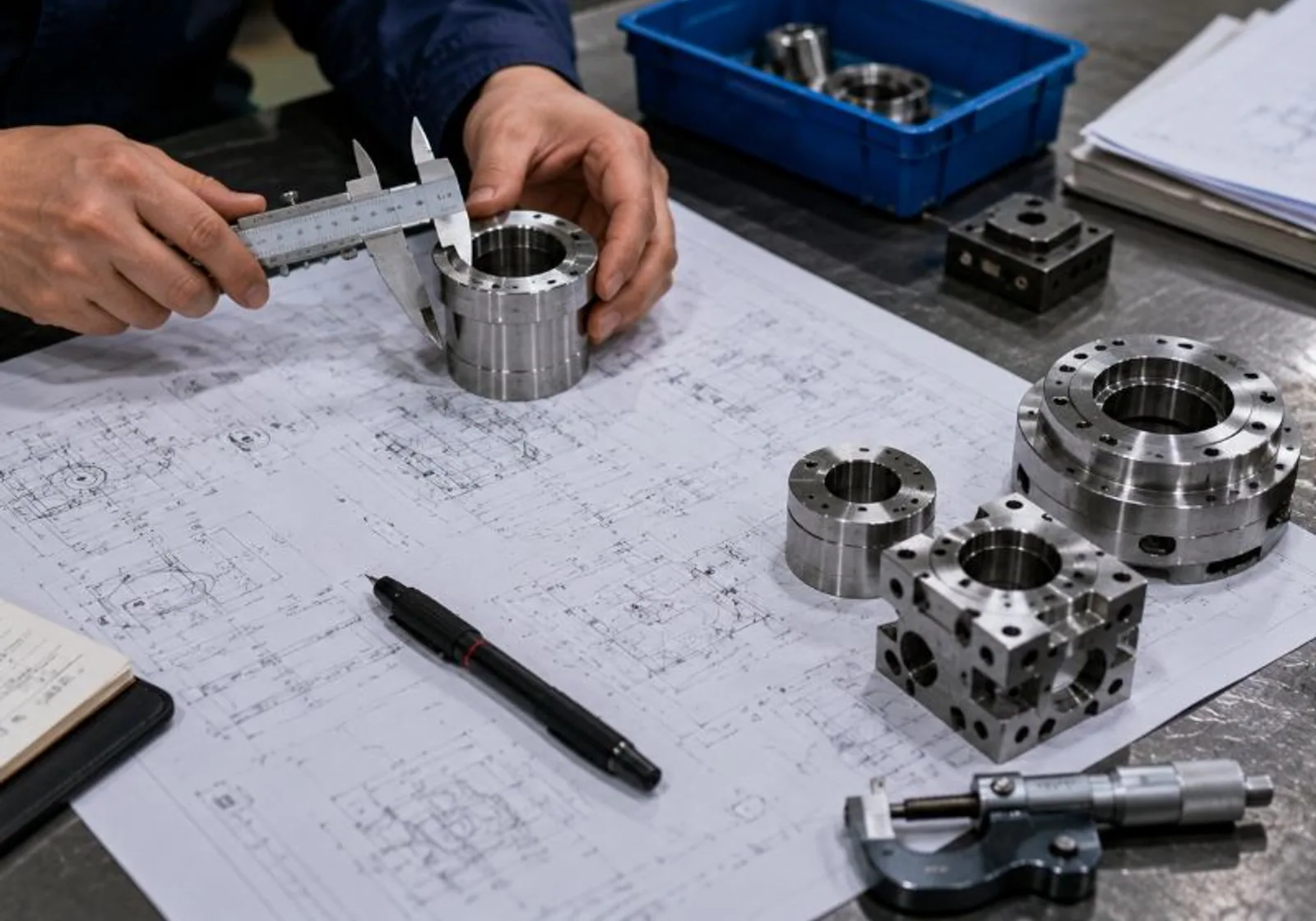 Machined parts being checked against a drawing and part measurements