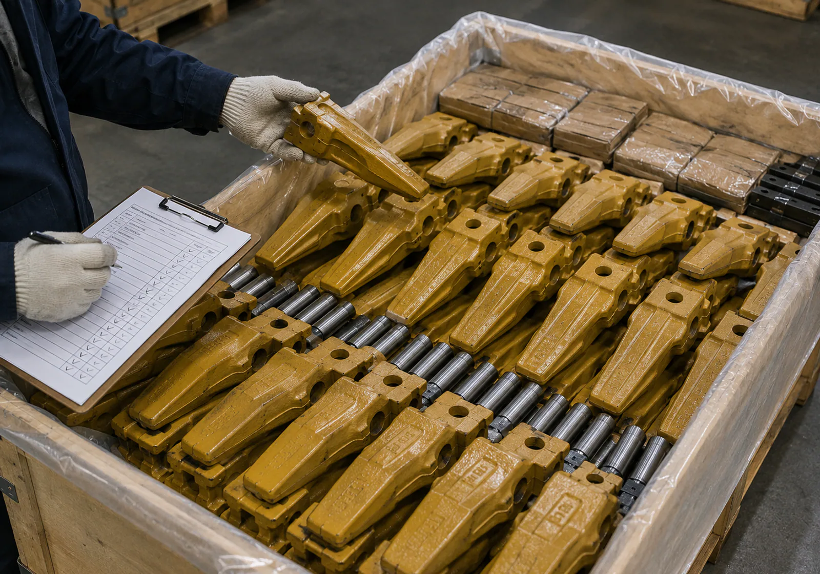 Ground engaging parts being checked before protective packing