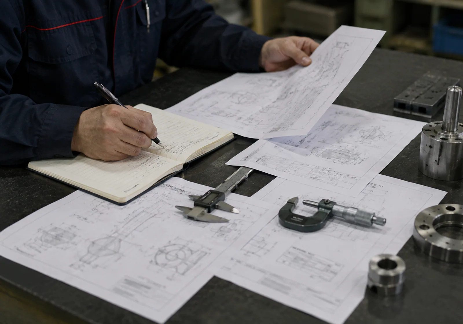 Quality technician reviewing a controlled drawing beside machined parts and inspection tools