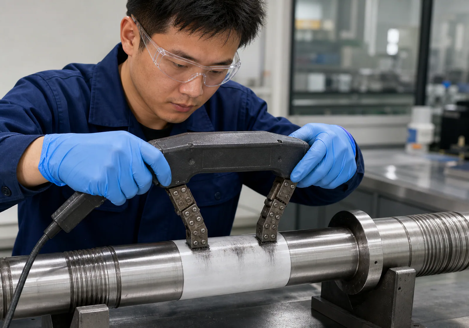 Chinese quality technician carrying out magnetic particle inspection on a steel shaft