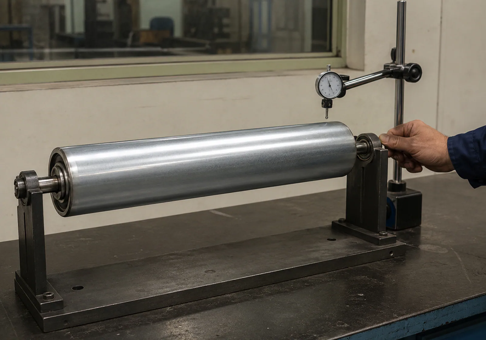 Conveyor roller mounted on a rotation test stand with a dial indicator