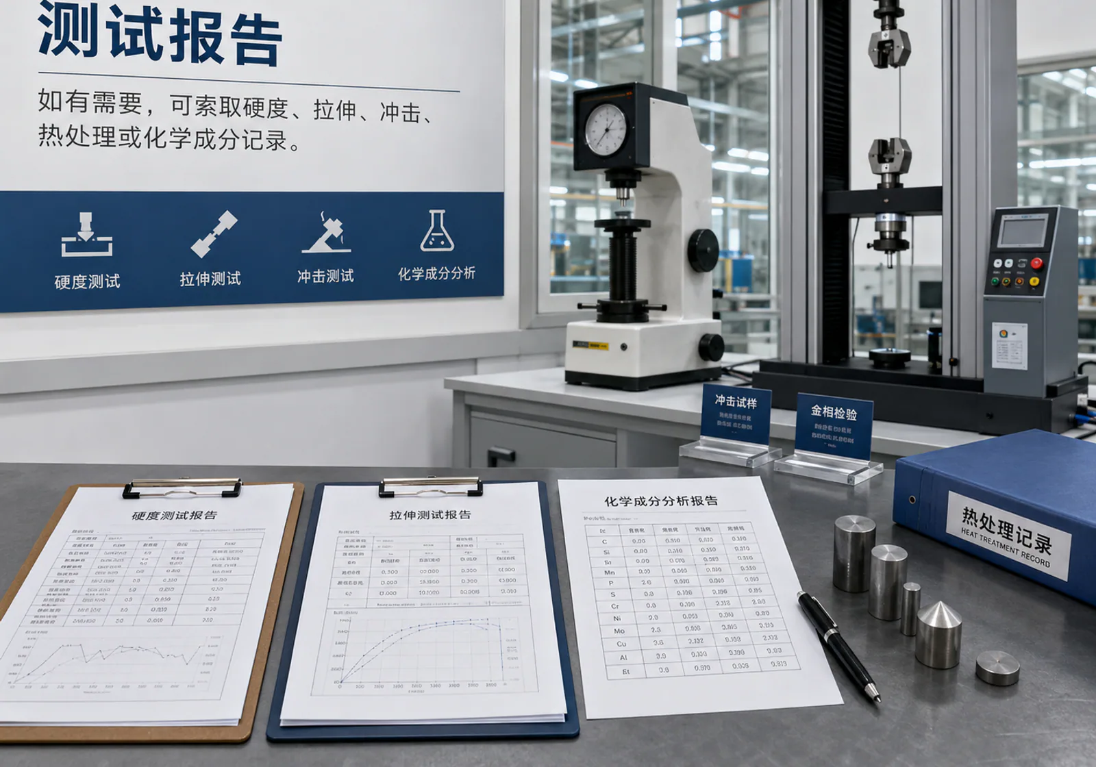 Inspection reports, test samples and measuring equipment arranged in a quality laboratory