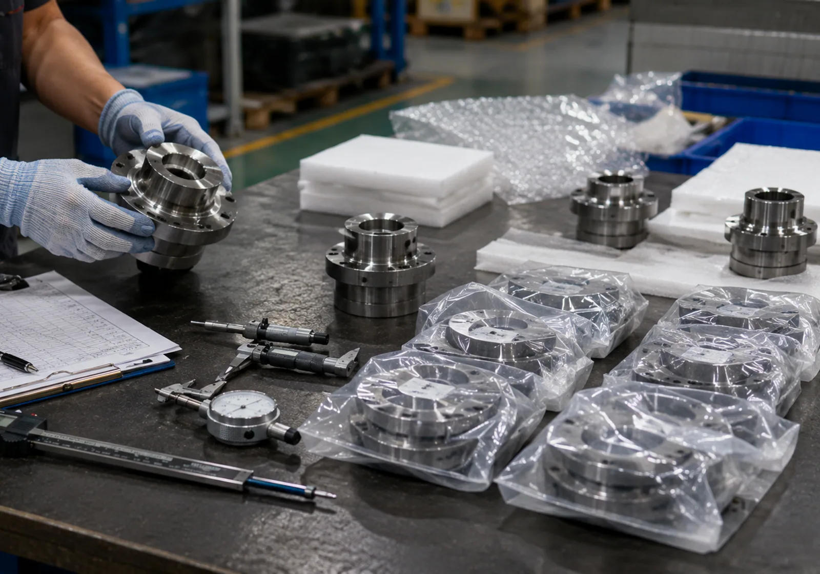 Inspector checking machined parts and packing records before handover