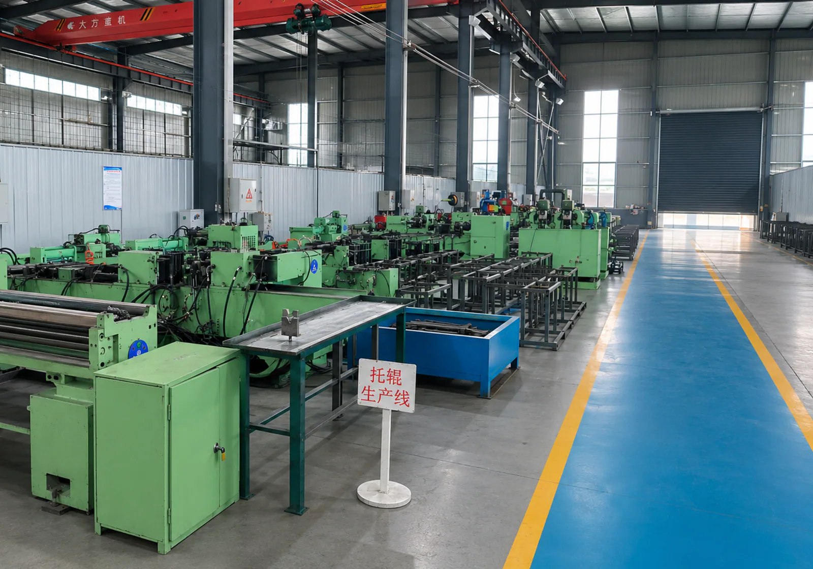 Conveyor roller production machines arranged in a dedicated workshop area