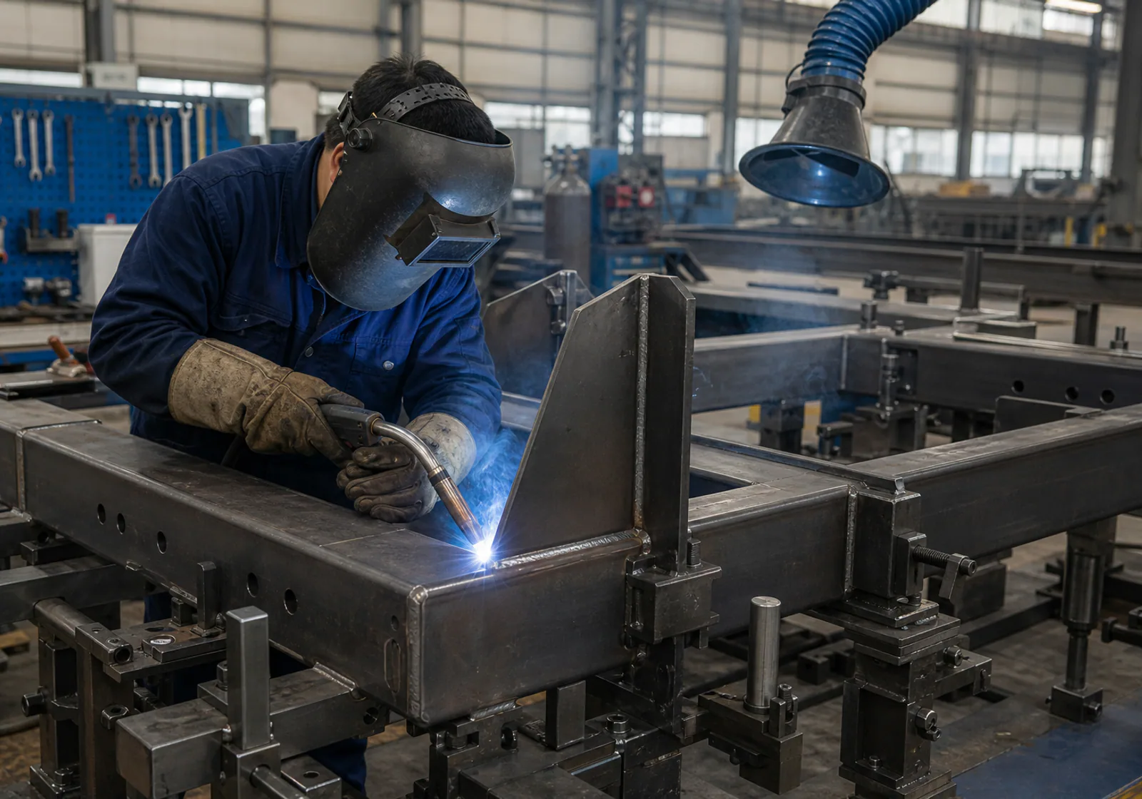 Chinese welder fabricating a steel equipment frame in a controlled fixture