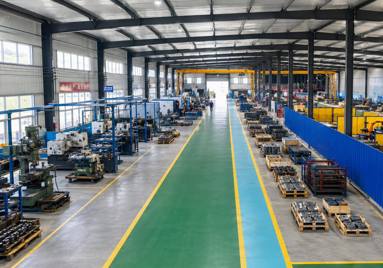Wide view through an organized metalworking workshop with machining and fabrication areas