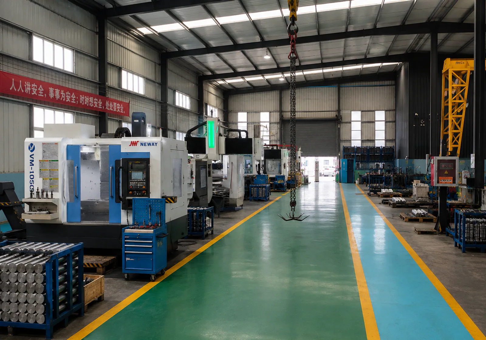 CNC production aisle with machine tools, work-in-process racks and handling access