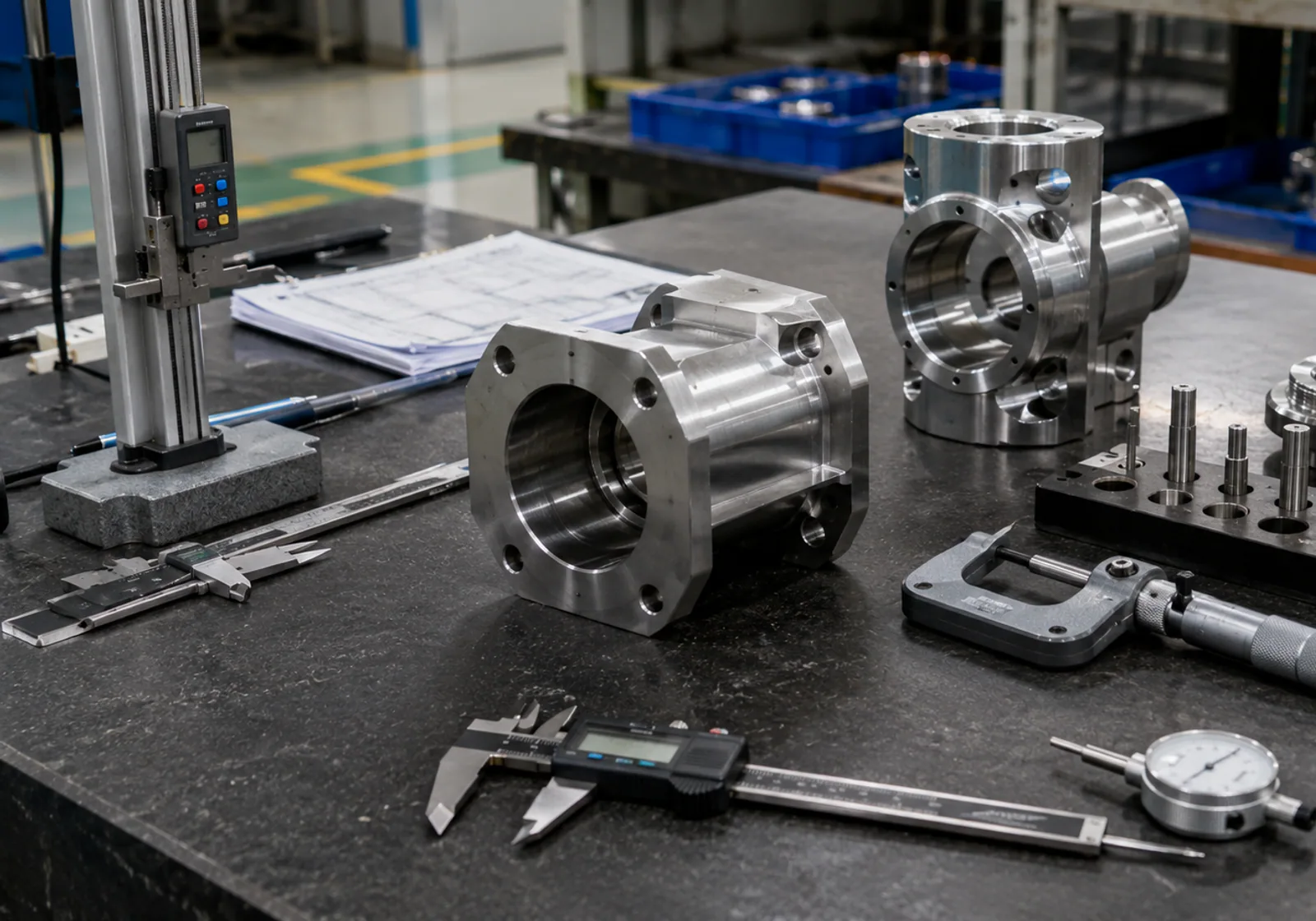 Machined parts, drawings and measurement tools in a quality inspection area