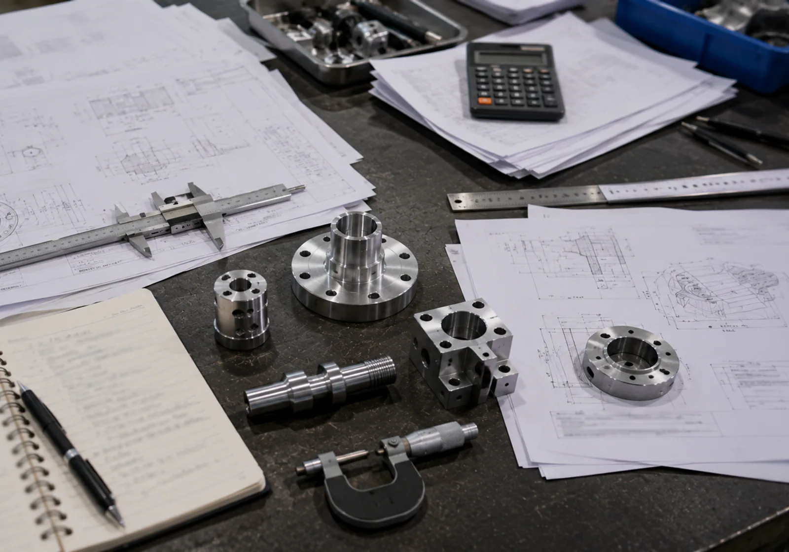 Controlled drawings, machined reference parts and measuring tools arranged for technical review