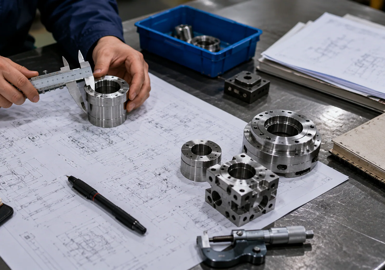 Machined samples being checked against controlled drawings at a project review workbench