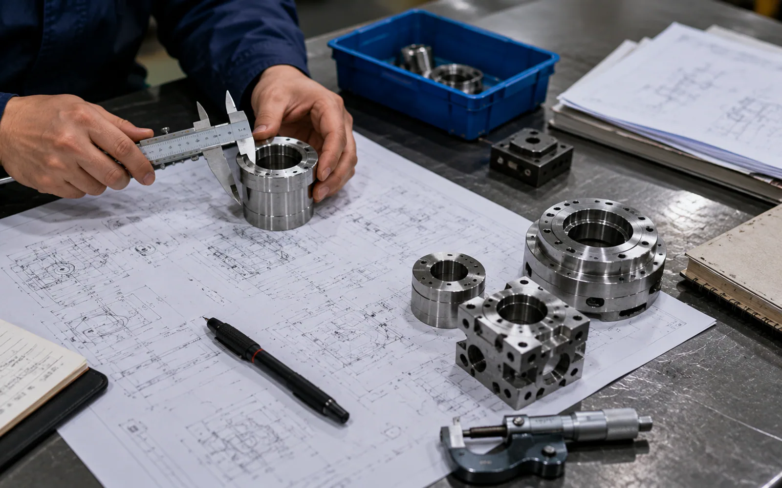 A machined reference part being checked against a controlled drawing