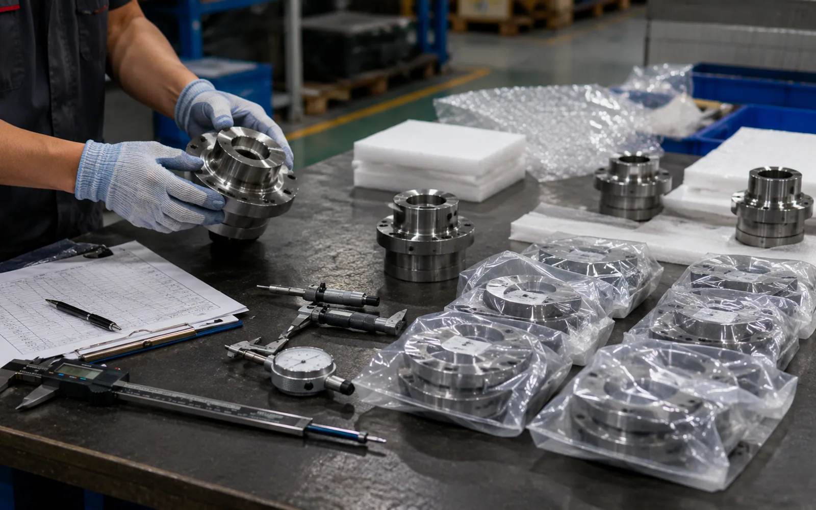 Industrial parts, drawings and measuring tools prepared for inspection coordination