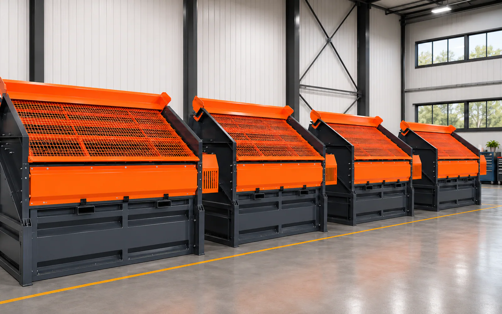 Compact screening machines arranged in an industrial workshop