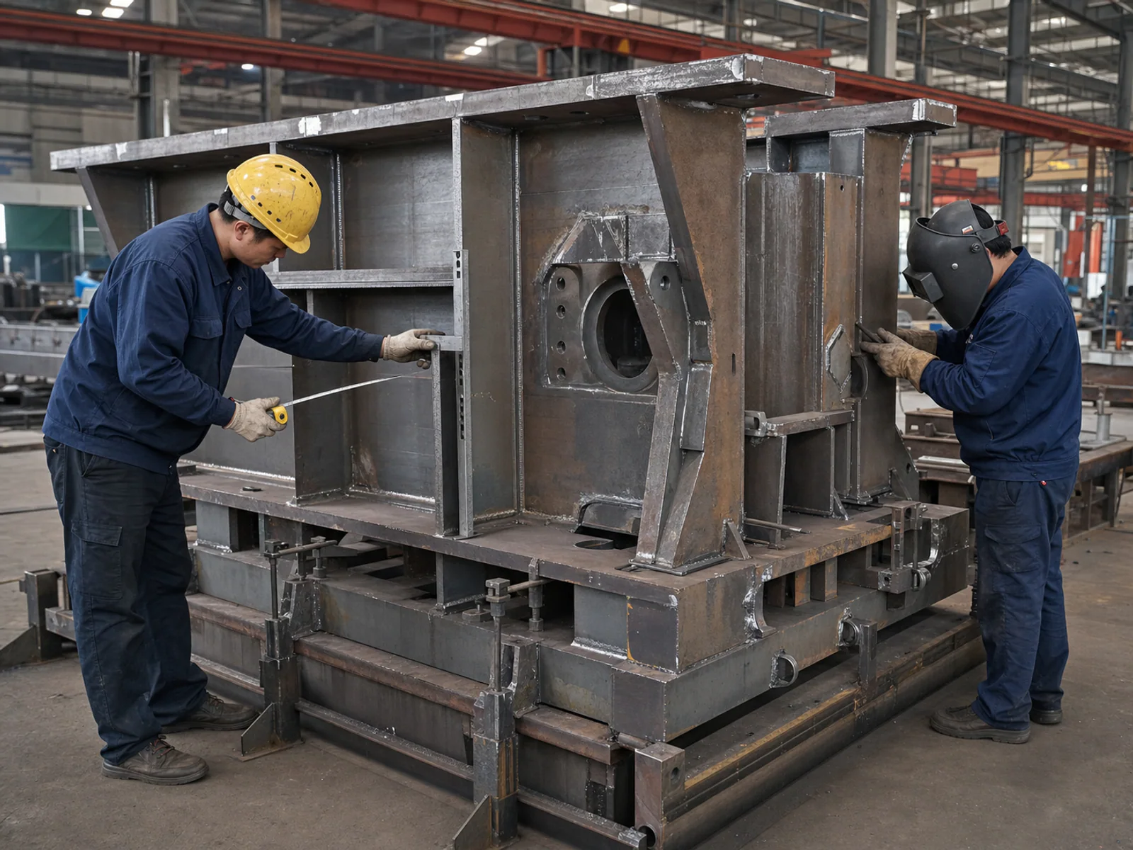 Chinese fabrication workers checking and preparing a heavy crusher frame for welding