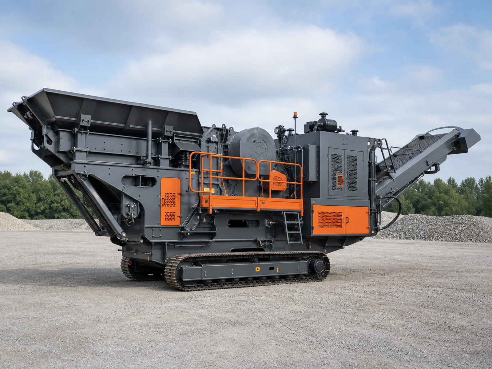 Tracked compact jaw crusher with feed hopper, guarded crusher body and discharge conveyor