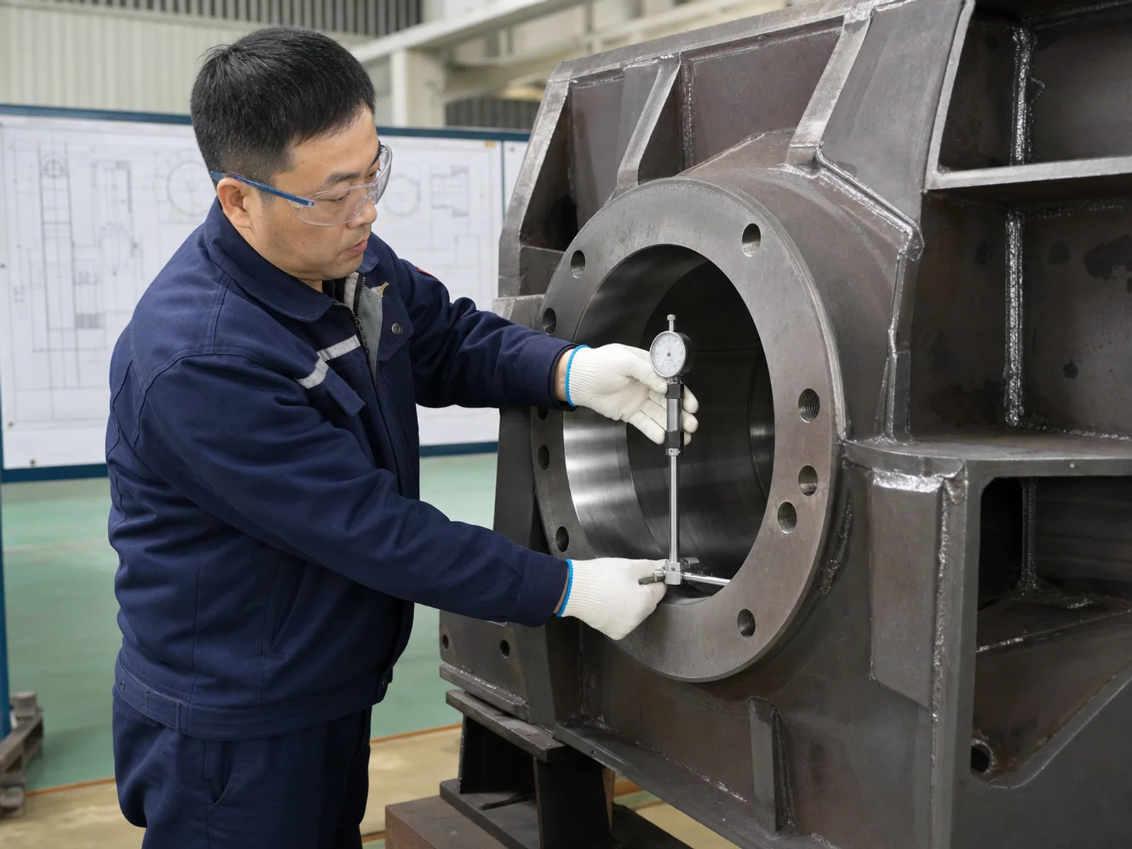 Chinese inspector measuring a machined bearing bore on a heavy crusher frame