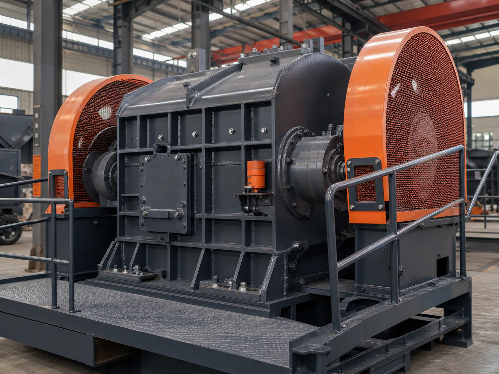 Guarded jaw crusher chamber with drive housings, heavy frame and service platform
