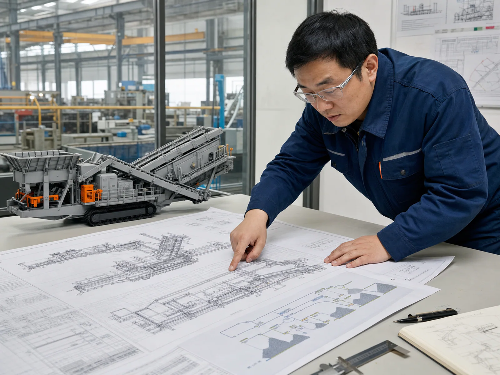 Chinese engineer reviewing crusher equipment drawings and a reference arrangement