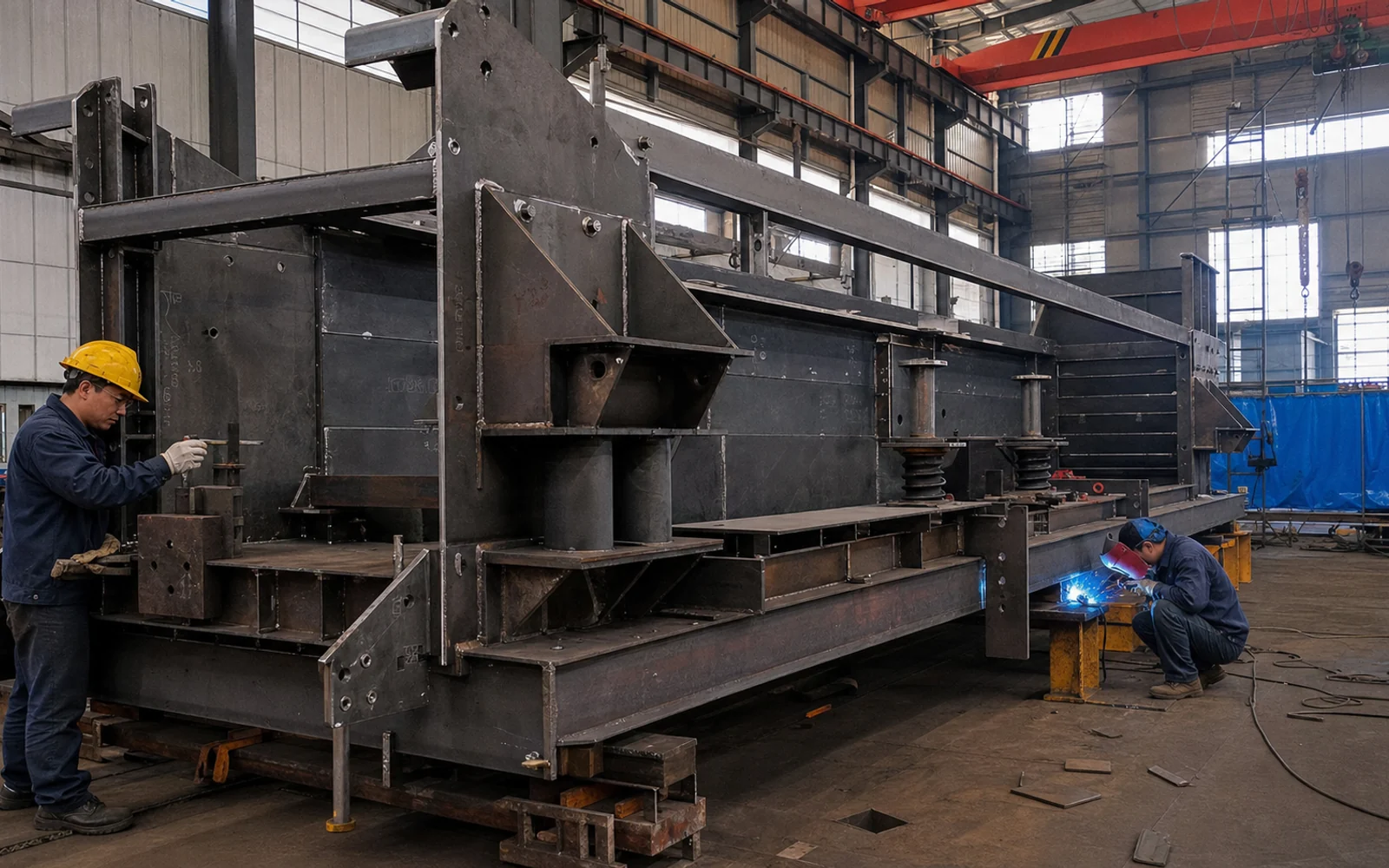 Chinese workers fitting and welding a fabricated screening-plant frame