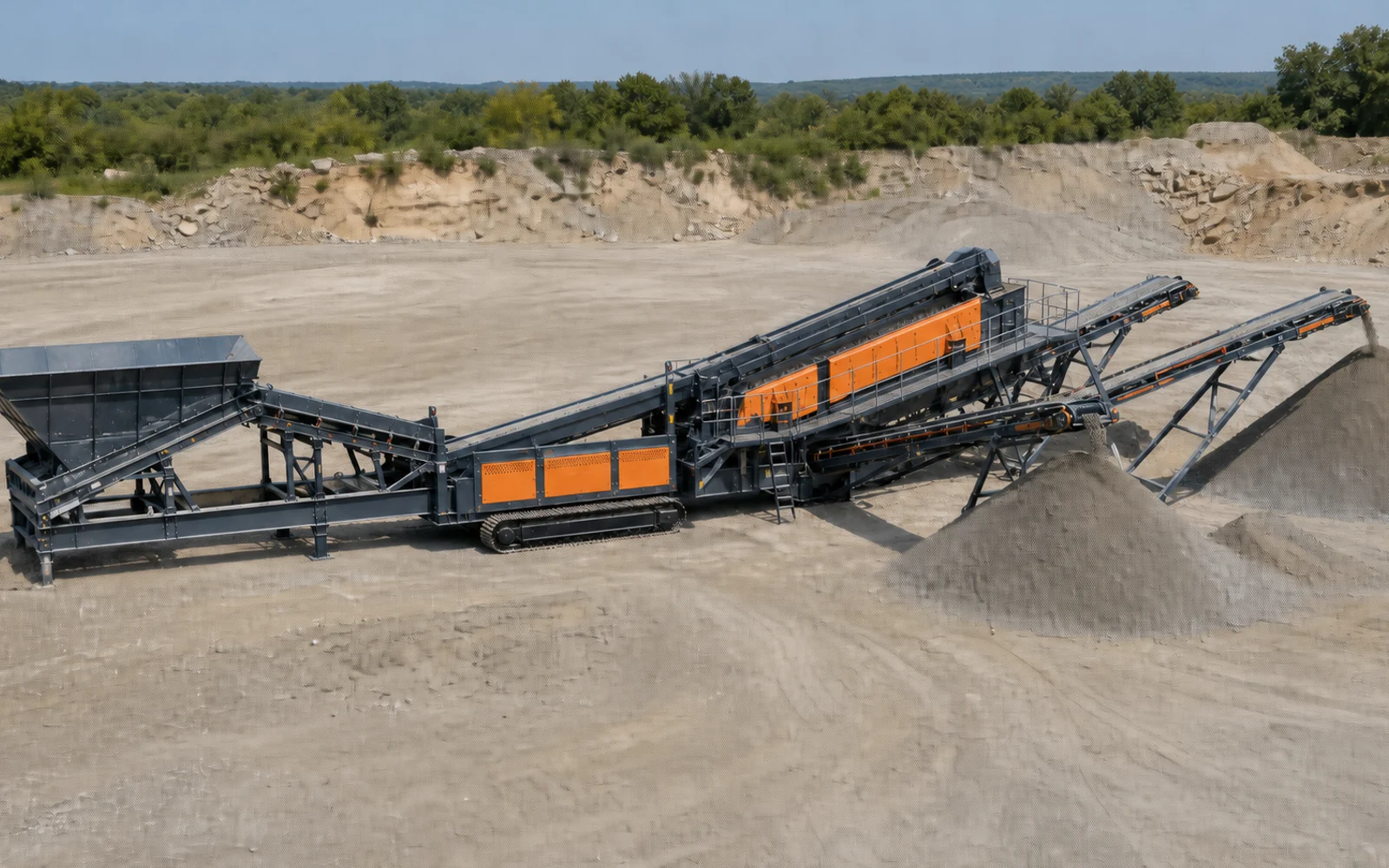 Mobile screening plant showing the path from receiving hopper to separate product conveyors