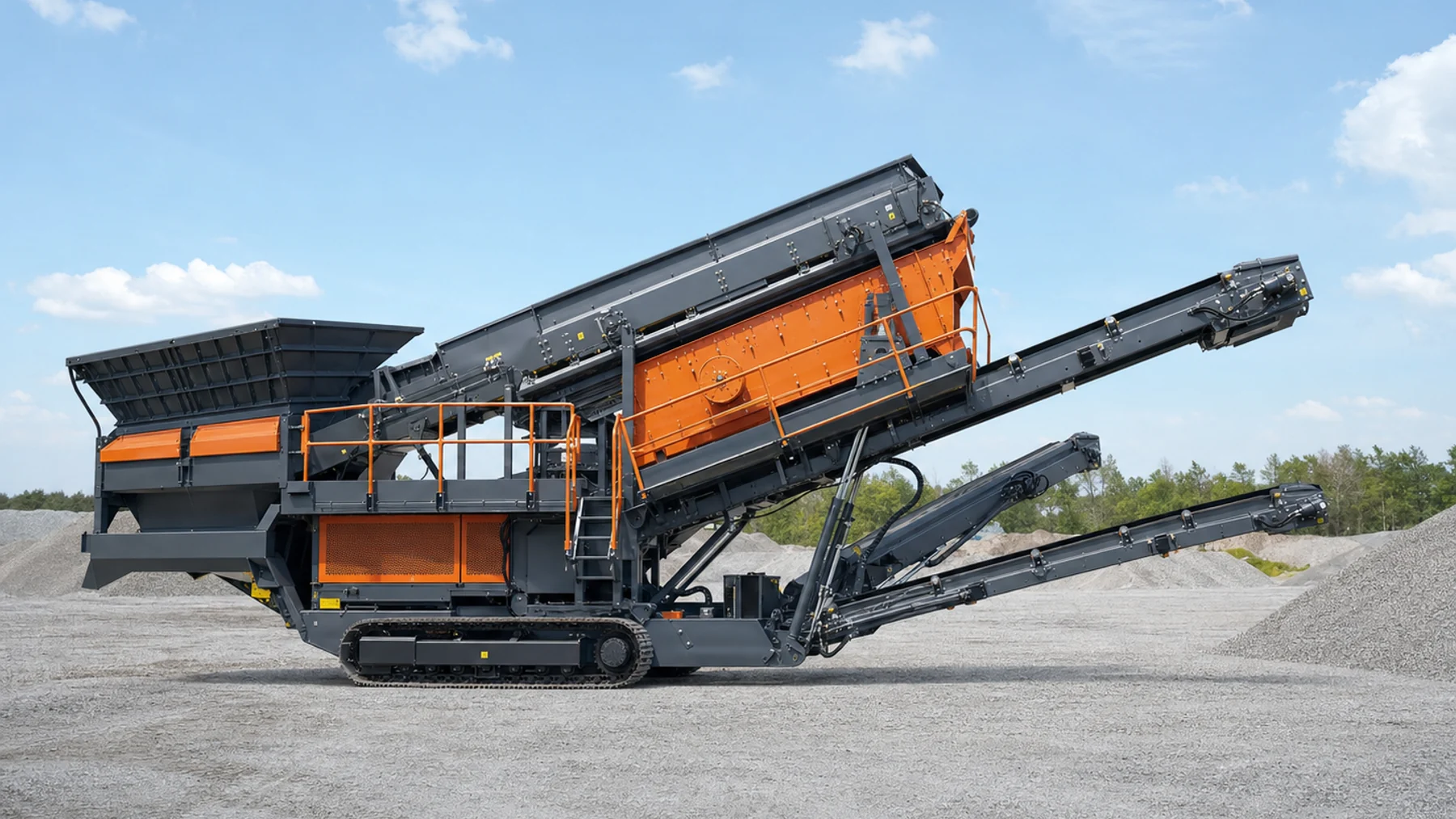 Tracked mobile screening plant with feed hopper, inclined screen and separate discharge conveyors