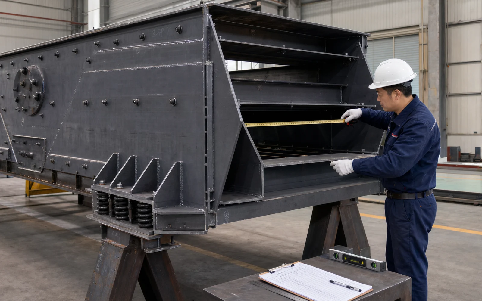 Chinese inspector checking screen-box deck spacing and mounting interfaces