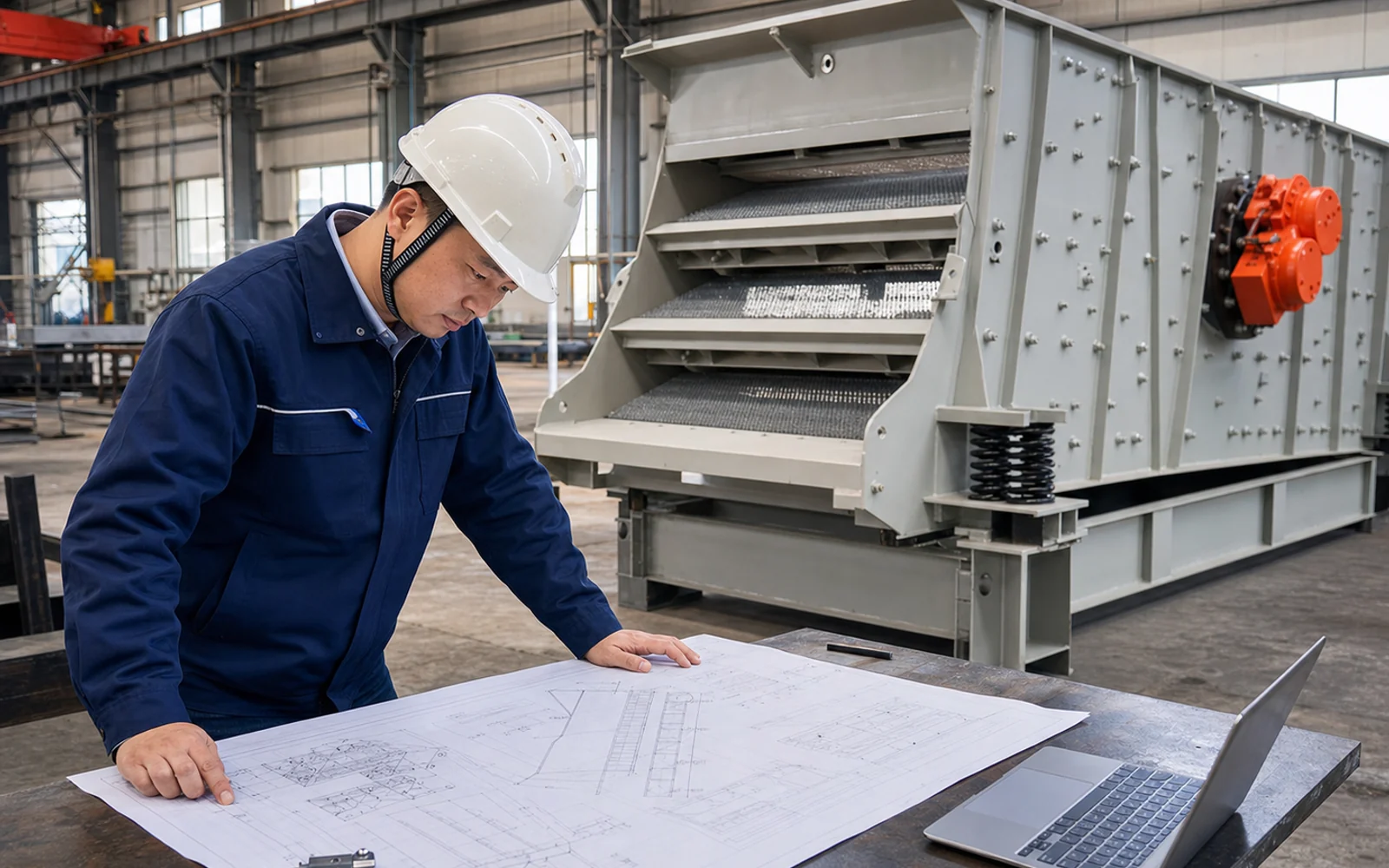 Chinese engineer reviewing a screening-equipment drawing beside a screen box