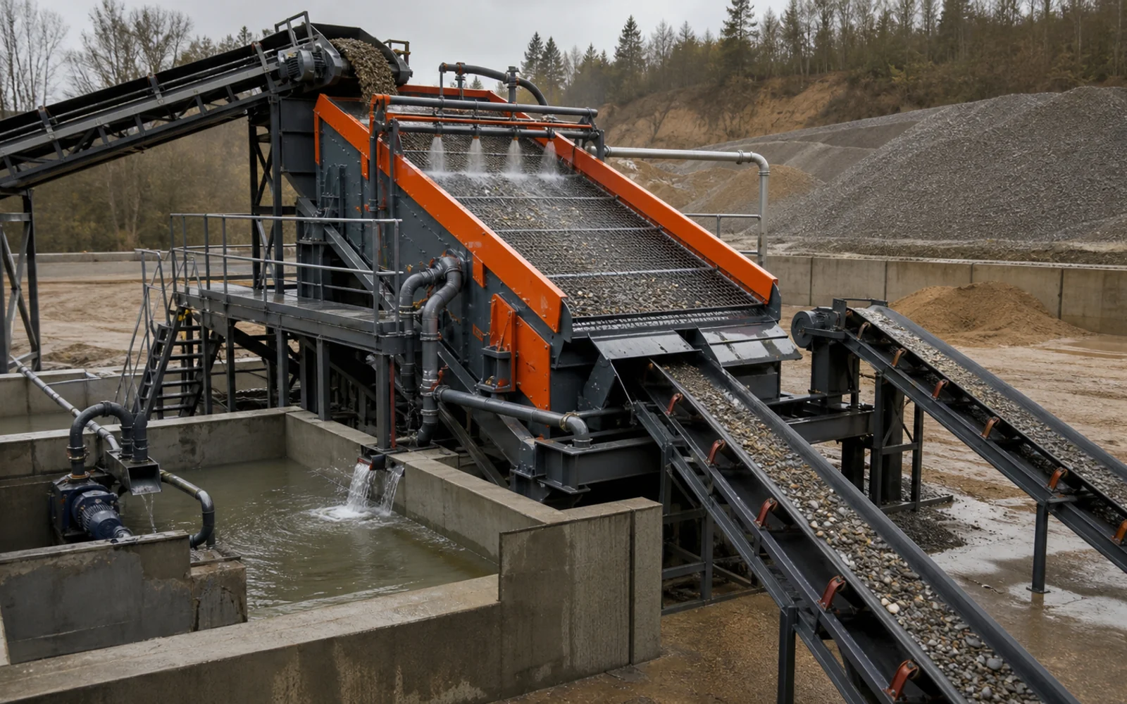 Wet screening arrangement with spray bars, water collection and separate discharge conveyors
