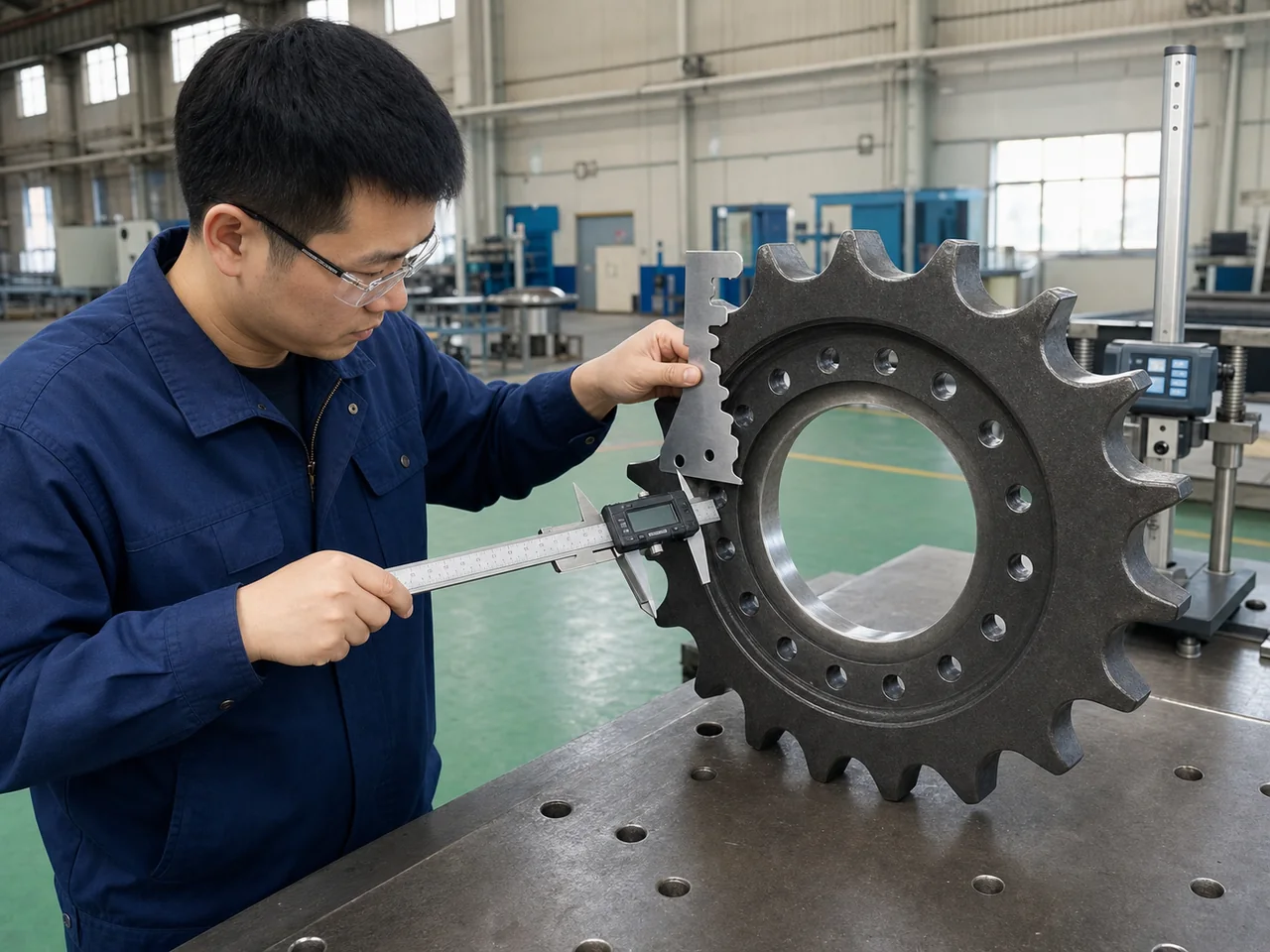 Chinese quality engineer checking a sprocket tooth profile and mounting interface