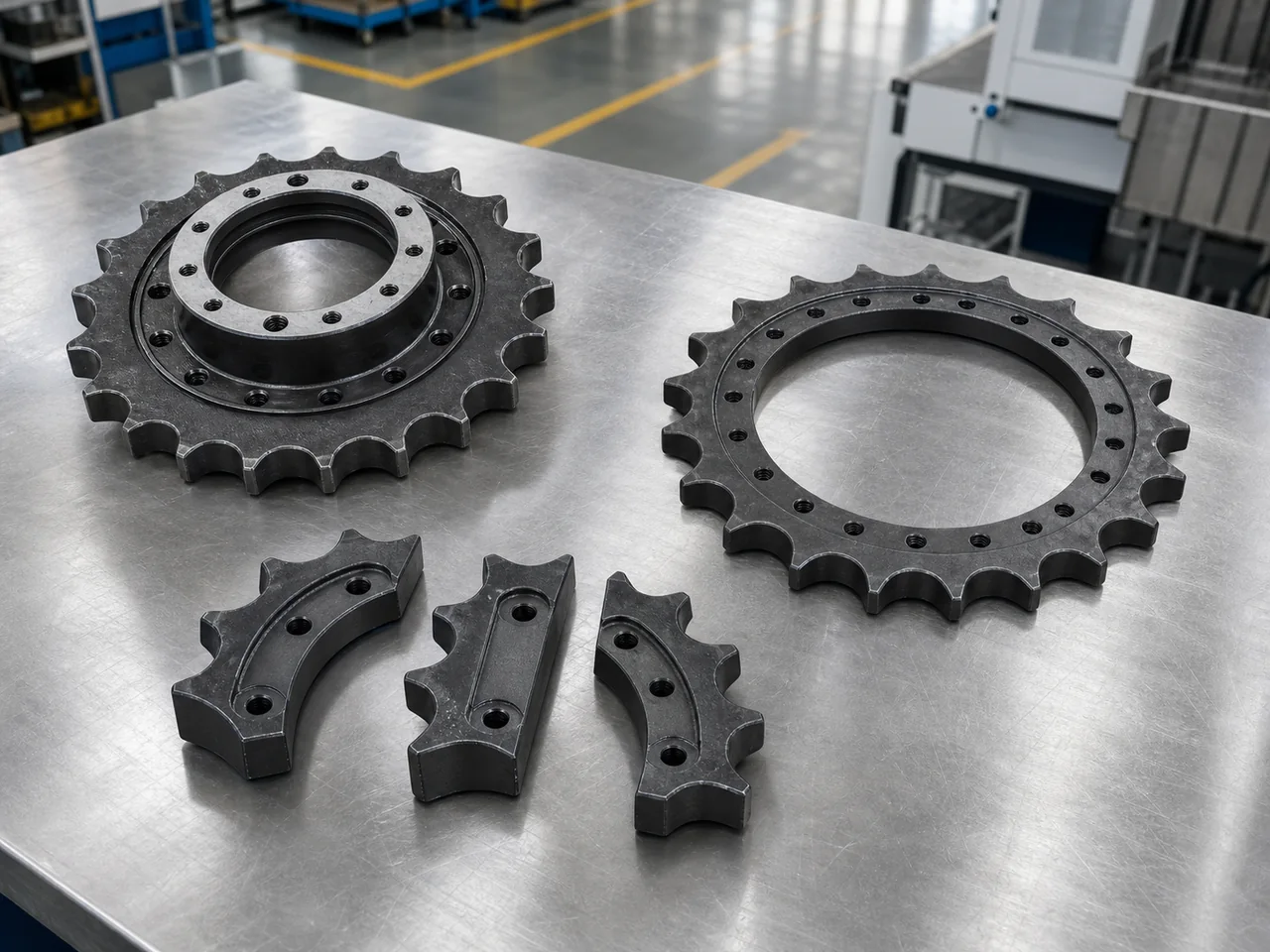 Complete sprocket, sprocket rim and individual sprocket segments on an inspection table