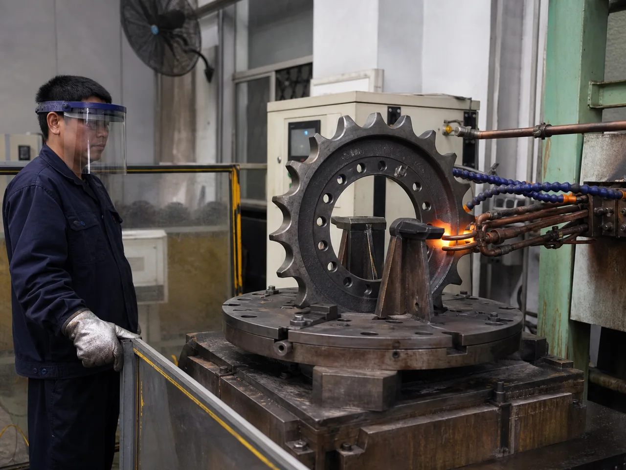 Chinese operator monitoring localized induction hardening on a crawler sprocket