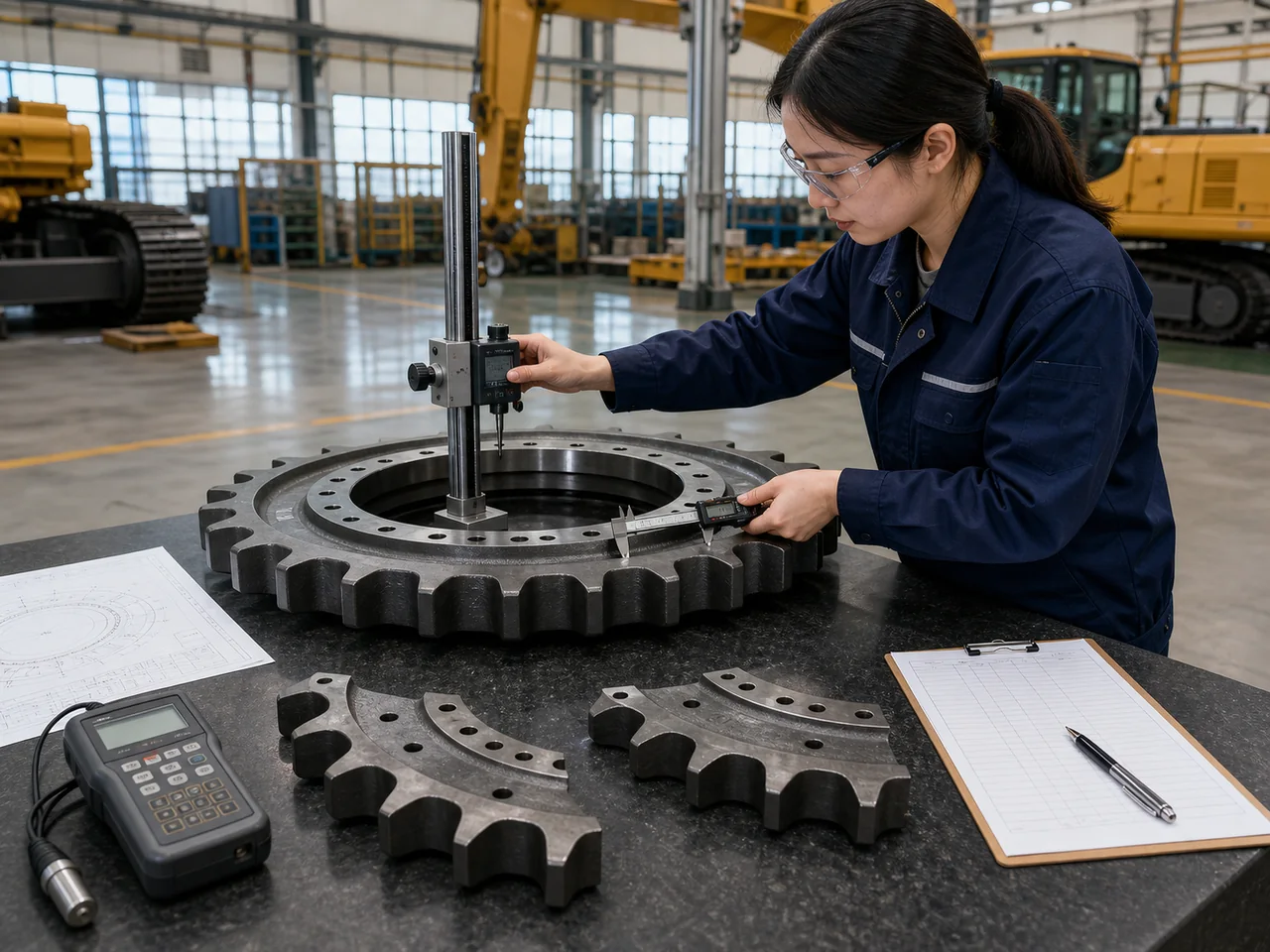 Chinese quality inspector checking sprocket and segment dimensions on an inspection table