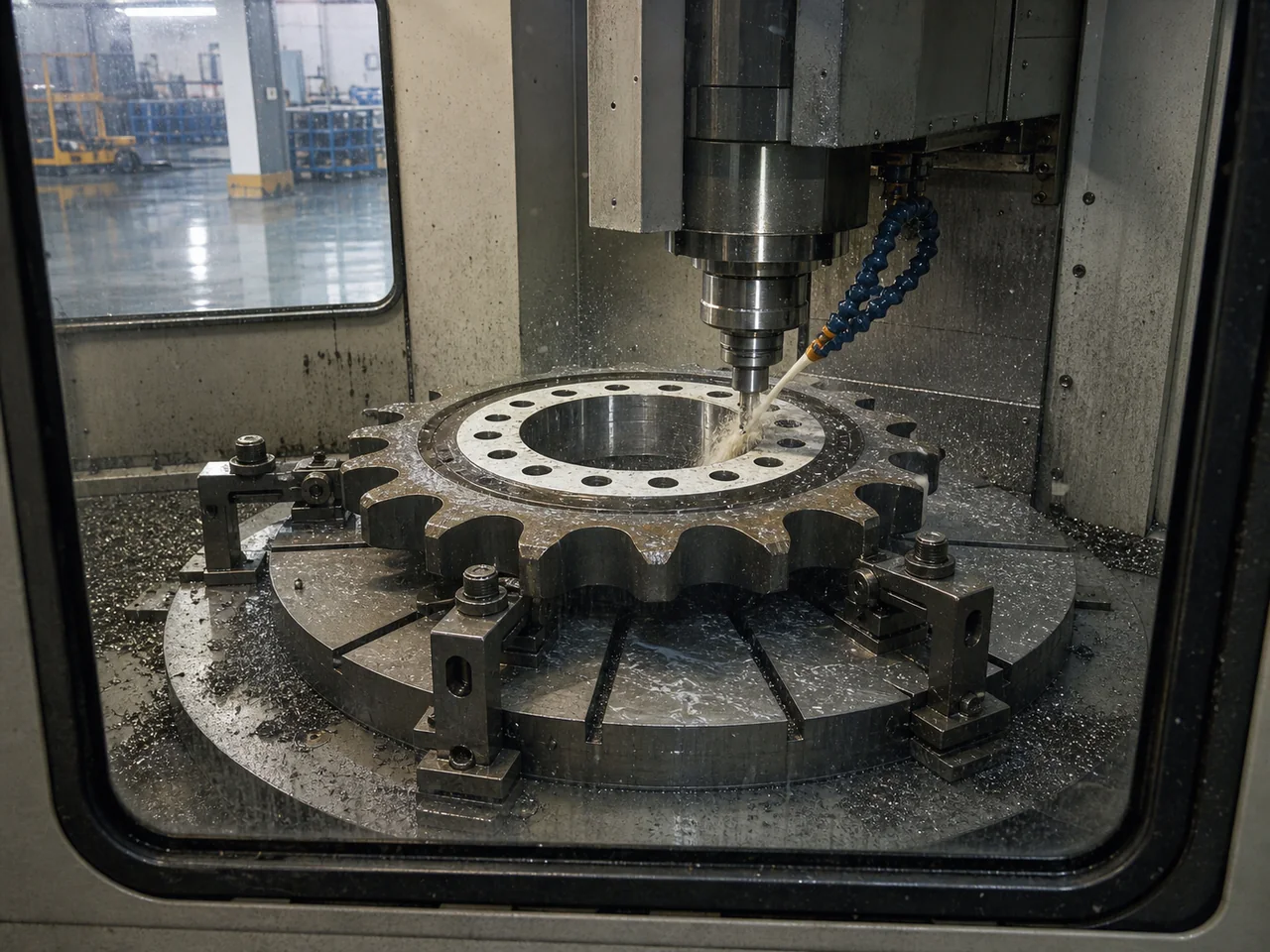 Crawler sprocket secured on a rotary fixture inside a CNC machining center