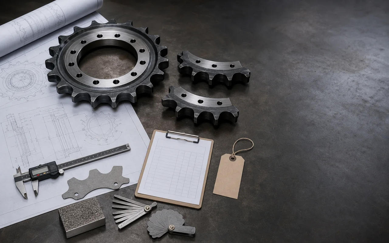 Sprocket, segments, engineering drawings and measuring tools prepared for technical RFQ review