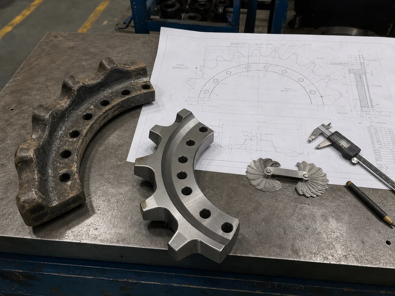 Worn and new sprocket segments compared with an engineering drawing and measuring tools