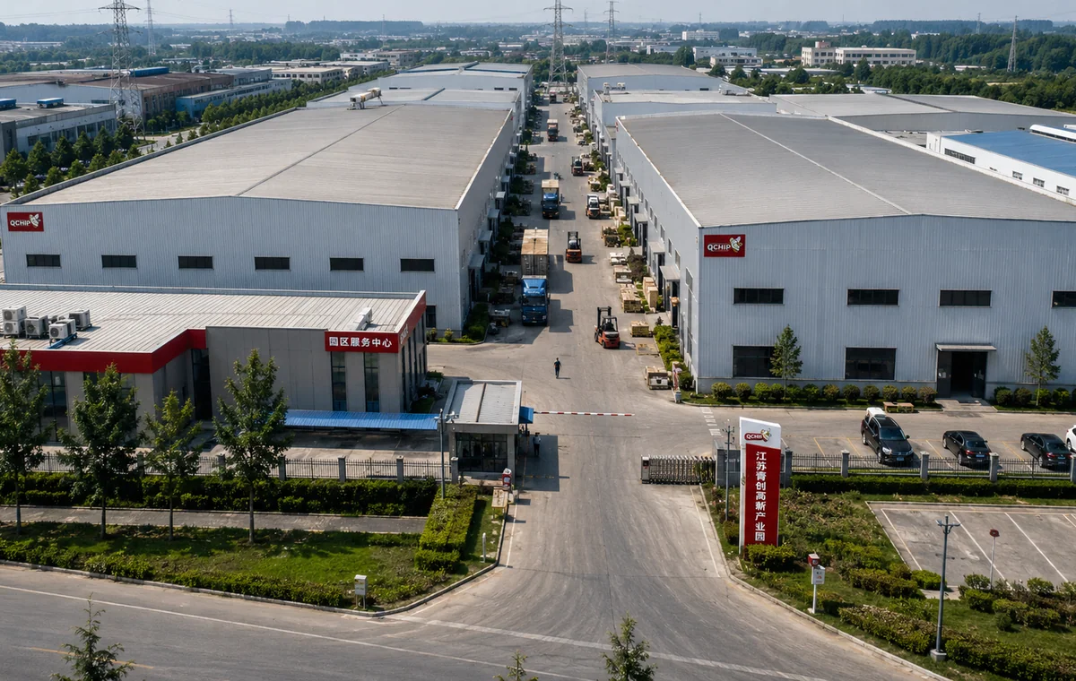 Aerial view of a manufacturing base with factory buildings, yard access and logistics routes