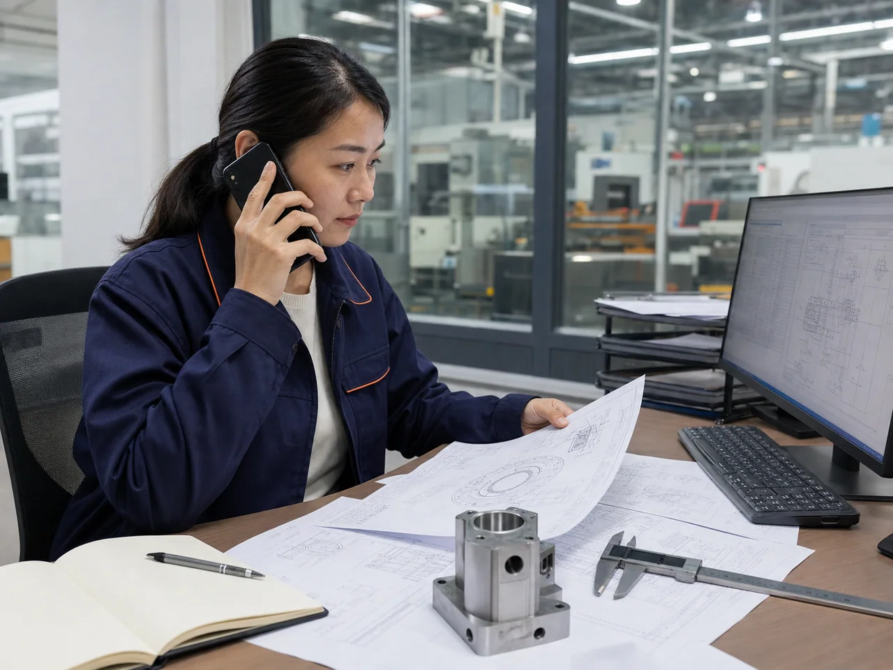 A Chinese project coordinator reviewing engineering drawings while discussing an industrial enquiry by phone